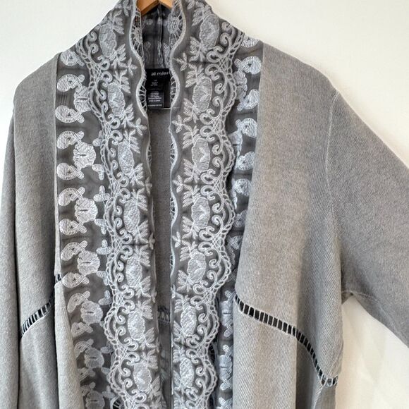 Ali Miles Lace Collar Open Front Cardigan Sweater 1X Gray Artsy Lagenlook Flowy - Picture 4 of 11